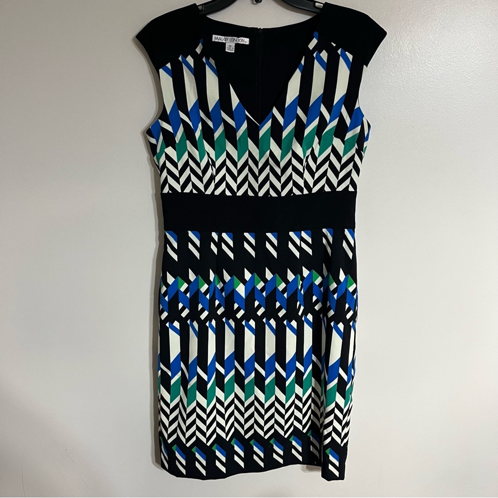Maggy London White Green Blue‎ Black Geometric Sleeveless Sheath Dress Size 10